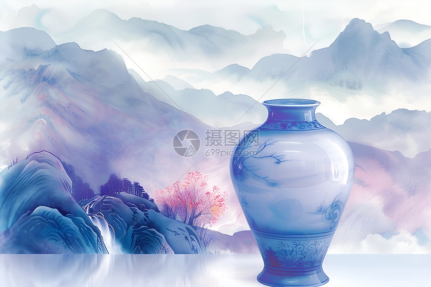 山水间的青花瓷花瓶图片
