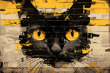 墙上的黄瞳黑猫高清图片