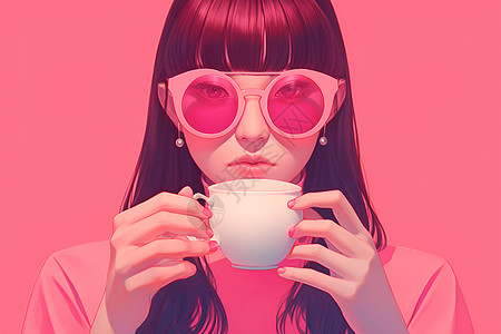 粉色墨镜女人喝咖啡图片
