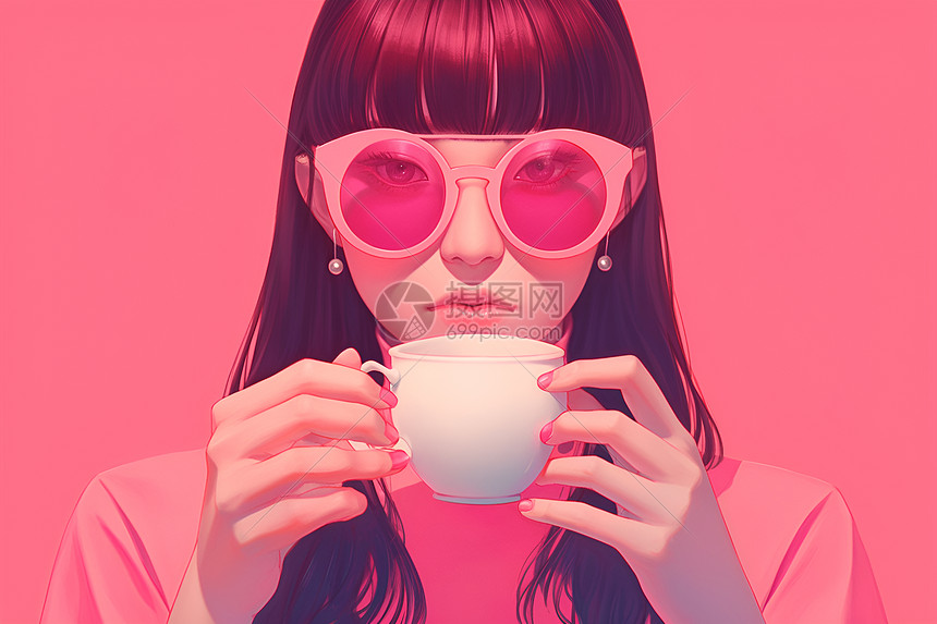 粉色墨镜女人喝咖啡图片