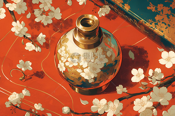亚洲风格花瓶与梅花图片