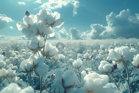 白云下的棉花田图片