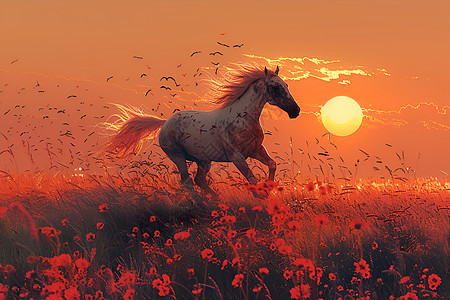 马匹奔驰于田野间图片