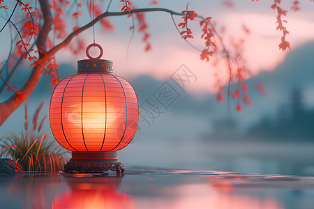 红叶夕照下的红灯笼背景图片