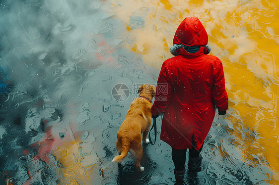 雨中遛狗的人图片