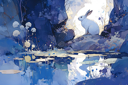 湖边坐在岩石上的兔子图片