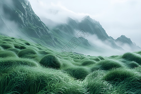碧绿的草地和山脉背景图片