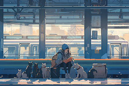 车站站台的女孩与狗图片