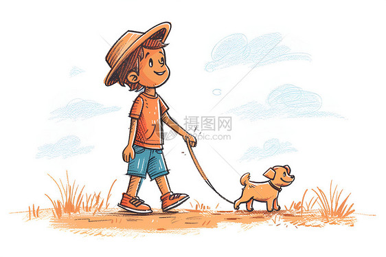 少年牵着狗在草地上漫步图片