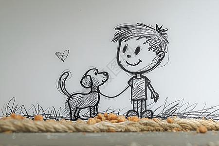 小男孩牵引着狗的插画图片