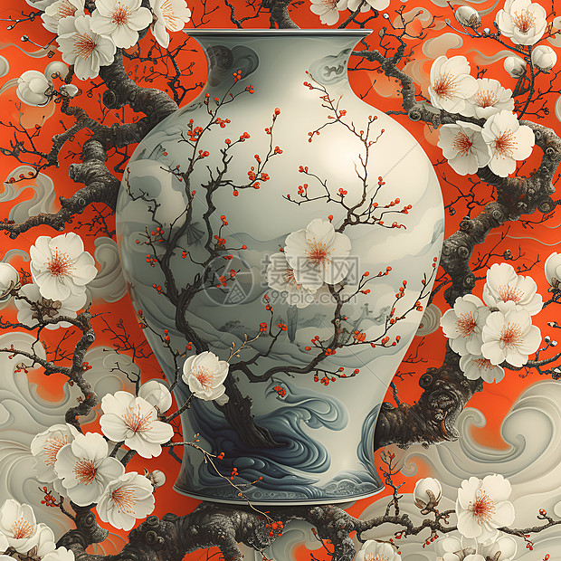 华丽的花瓶与梅花艺术图片
