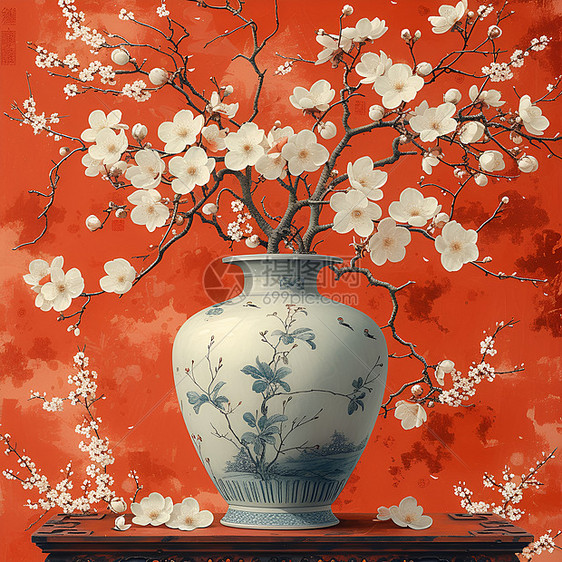 花瓶与白色梅花的艺术结合图片