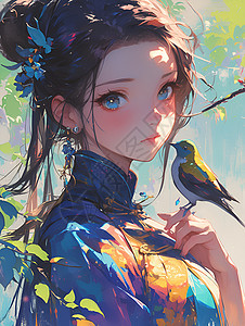 花鸟和少女背景图片