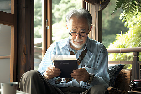 沙发上阅读的老年男人图片