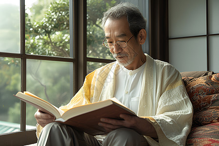 窗前阅读书籍的老年男人图片