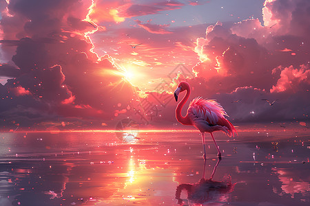 夕阳下的火烈鸟图片
