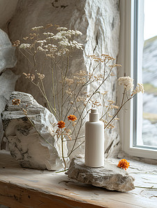 窗台上的石头和花瓶图片