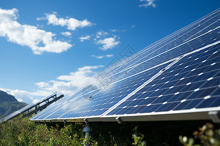 太阳能科技蓝天白云下的太阳能电池板背景