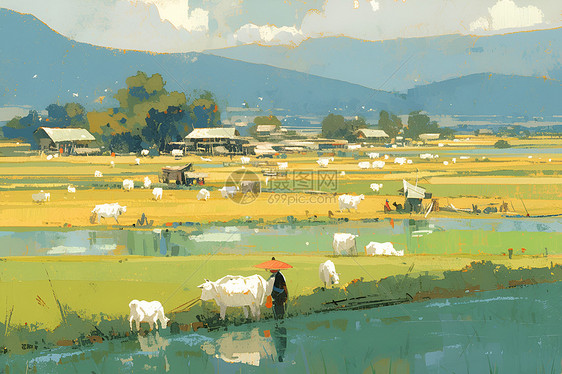 乡村田园稻田中的农夫与牛群图片