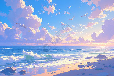 插画的礁石海滩背景图片