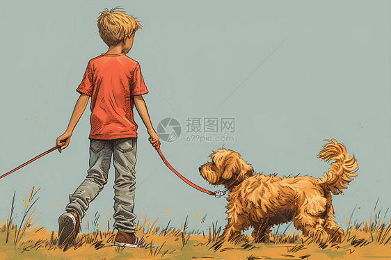 牵着狗狗的卡通男孩图片