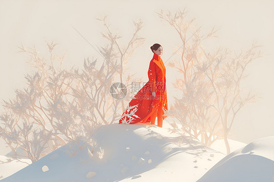 站在雪地里的红衣女性图片