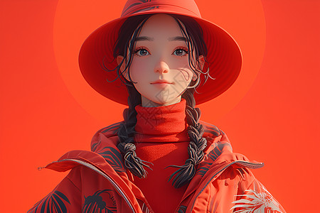 女孩戴着红色渔夫帽图片