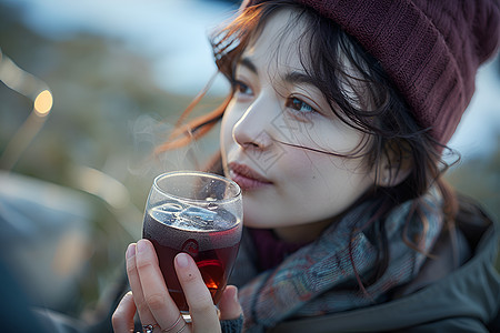 女人拿着一杯饮料图片