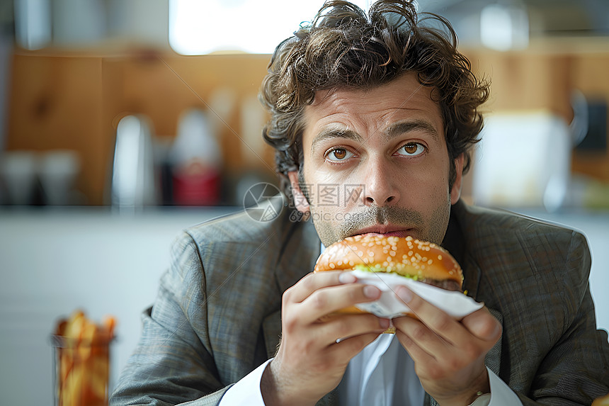 一个穿着西装的男人吃汉堡图片