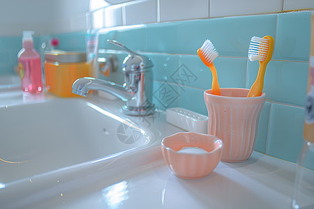 洗手台上的牙具背景图片