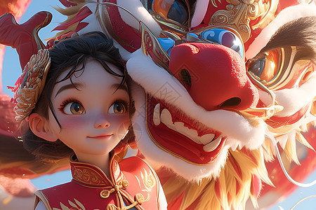 红龙与中国女孩背景图片