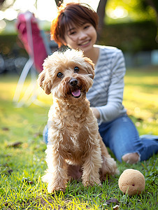 草地上的女孩与狗背景图片