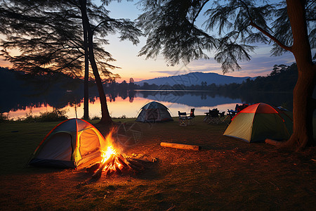 夜晚湖水夏日营地背景