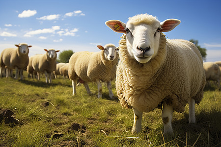 草地上的群羊与蓝天背景