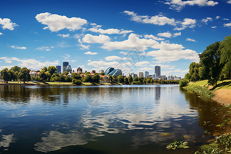 城市湖景背景图片