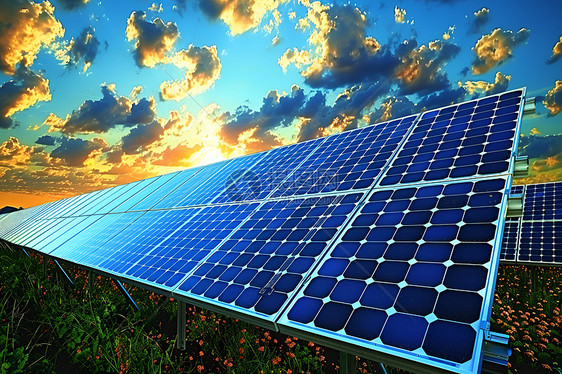 黄昏下的太阳能电池板图片