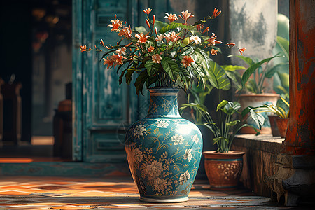 边角植物花纹青瓷花瓶背景