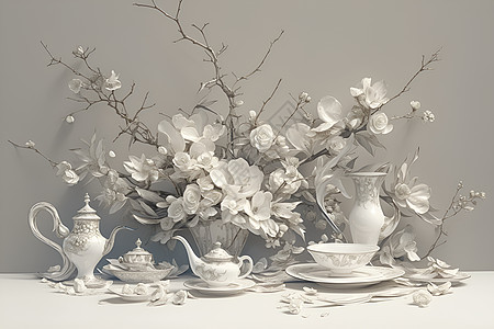 花束与茶具背景图片