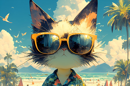 夏日酷饮夏日海滩上的猫咪插画