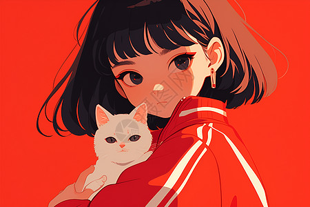 红背景下女孩抱着一只白色小猫图片