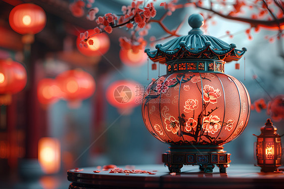 木桌上的中国灯笼图片