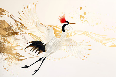 红冠鹤翱翔金色世界图片