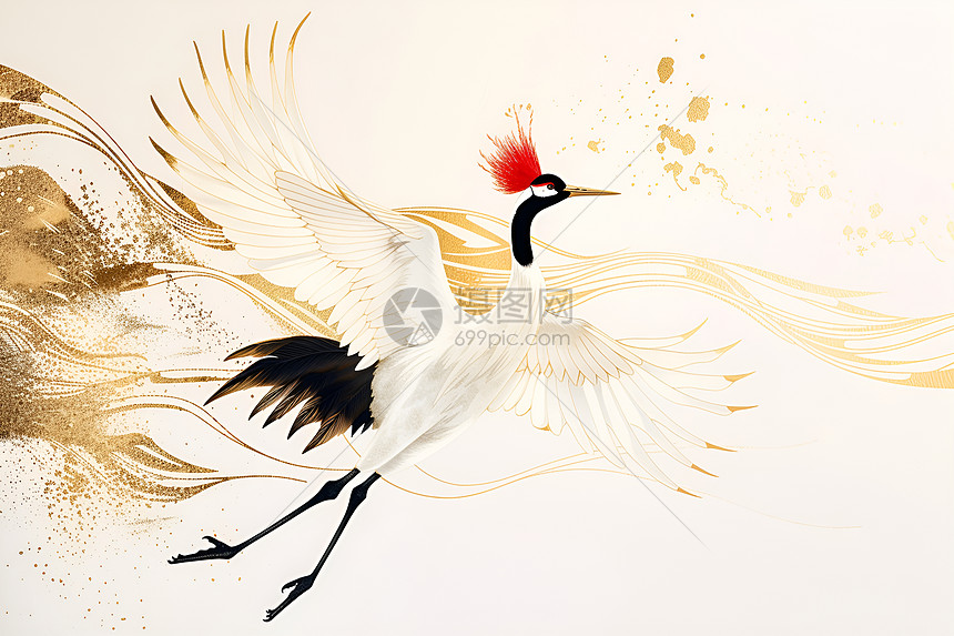 红冠鹤翱翔金色世界图片