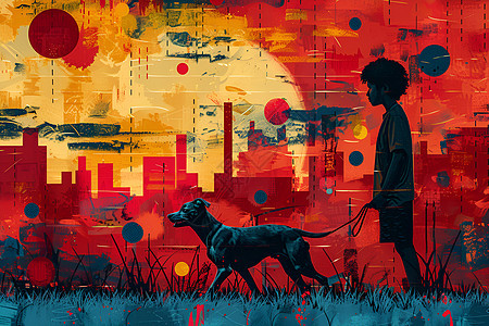 男孩与狗城市漫步图片