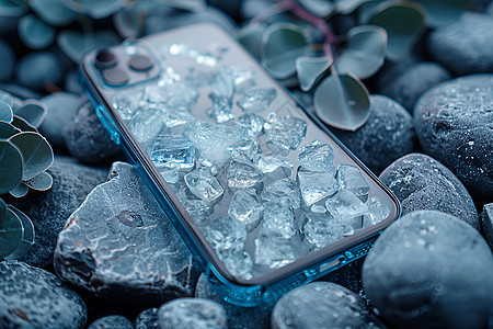 冰与植物的交融手机上的冰晶徽标图片