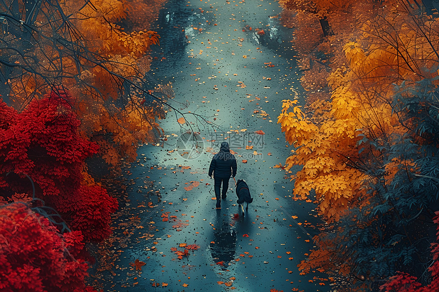 秋天道路上遛狗的人图片