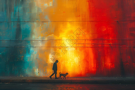 彩虹步道上遛狗的人图片
