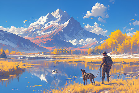 湖边的男人和狗图片