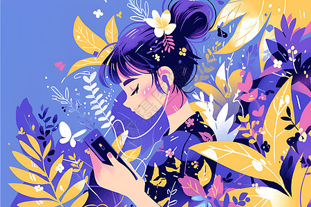 少女与花卉背景图片