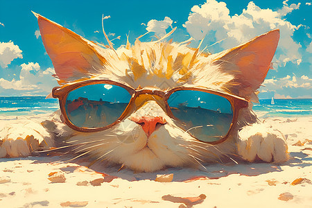 沙滩上戴着墨镜的猫图片